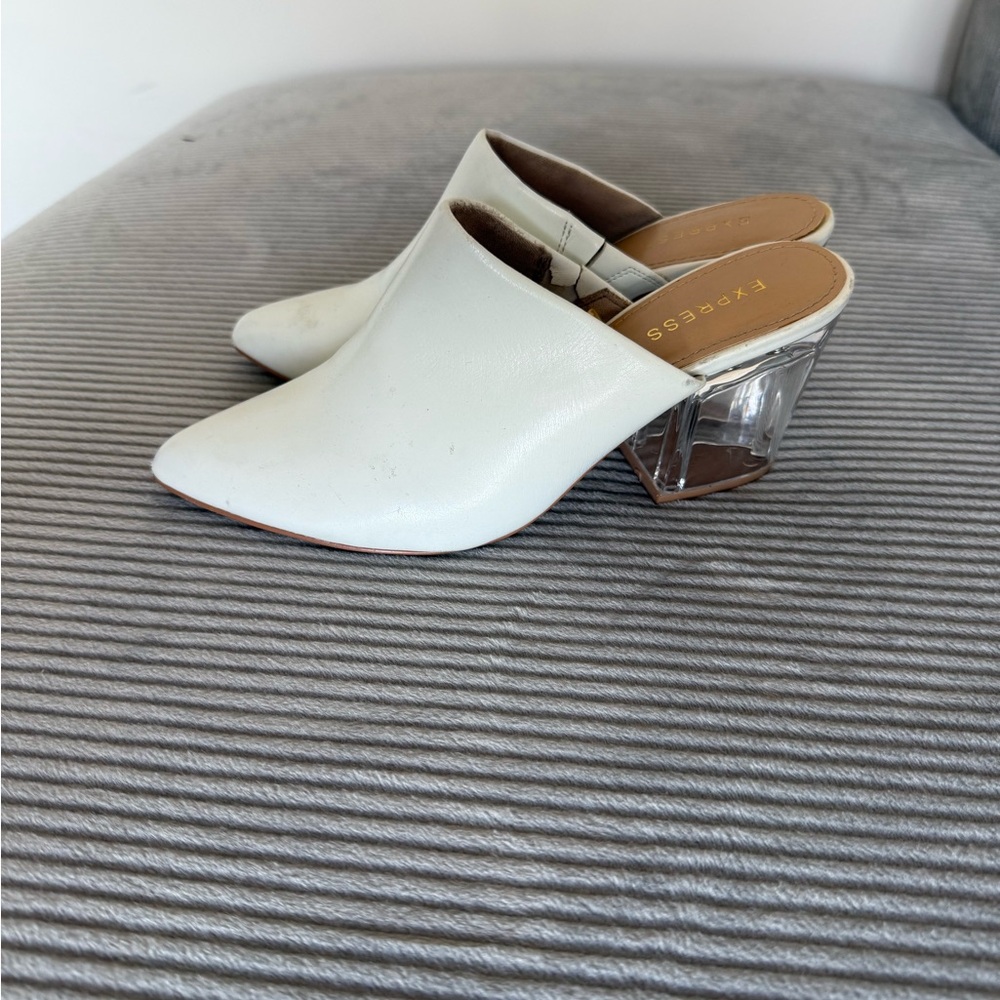 Express White Mules with Clear Heel